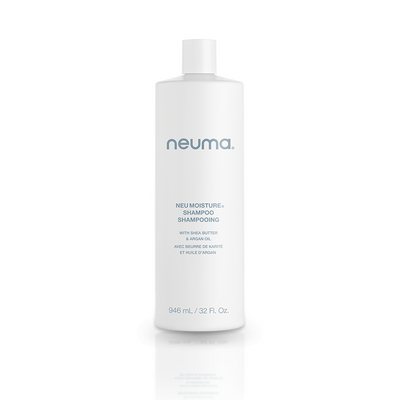 NEU Moisture Shampoo bottle with moisturizing formula for smooth, hydrated hair, featuring lavender, mandarin, and vanilla aroma.