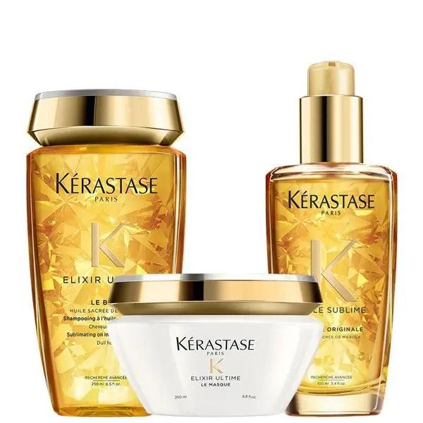 Kérastase Elixir Ultime hair products set including shampoo, hair mask, and oil for luxurious hair care.