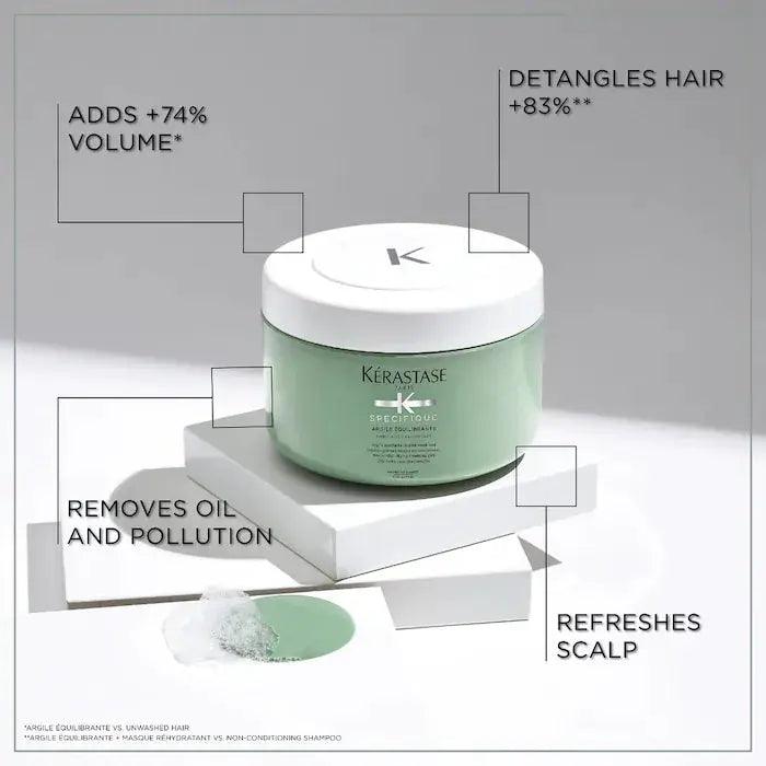 Kerastase Argile Équilibrante clay shampoo packaging highlighting benefits like volume and oil removal.