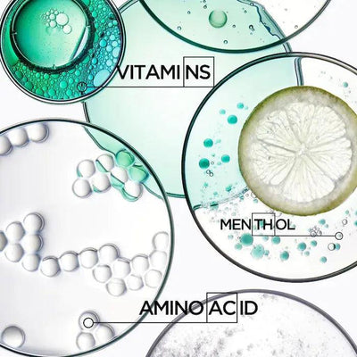 close-up of textured skincare ingredients: vitamins, menthol, and amino acids in petri dishes for hair care.