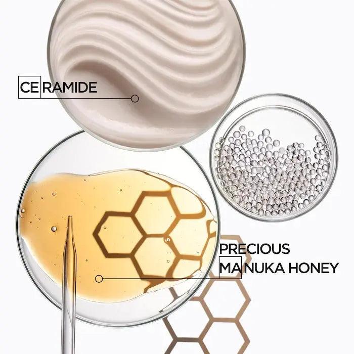 Kérastase Curl Manifesto ingredients featuring ceramide and Manuka honey in elegant display.