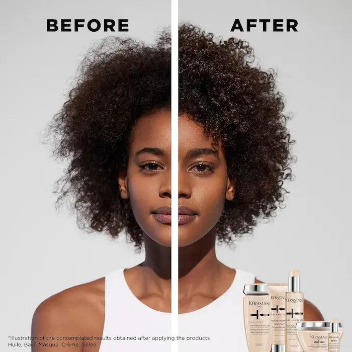 Before and after showing hair transformation with Kérastase Curl Manifesto products for enhanced curls and shine.