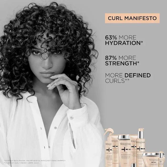 Stylish woman with defined curls highlighting Kérastase Curl Manifesto's hydration and strength benefits.