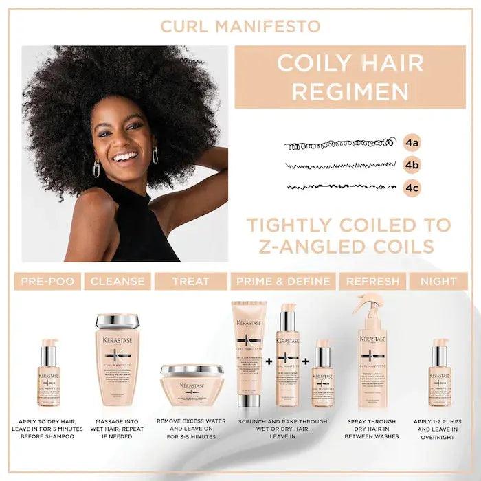 Kérastase Curl Manifesto coily hair regimen poster with product lineup and styling tips for defined curls.