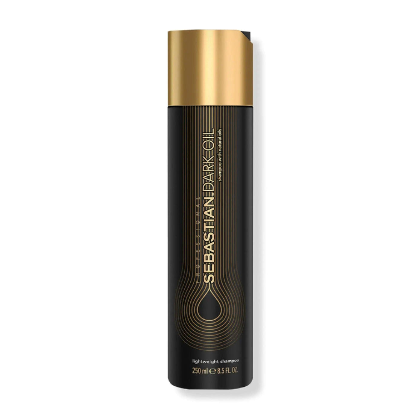 Sebastian Dark Oil Lightweight Shampoo bottle featuring a sleek design, promising shine and body without weight.