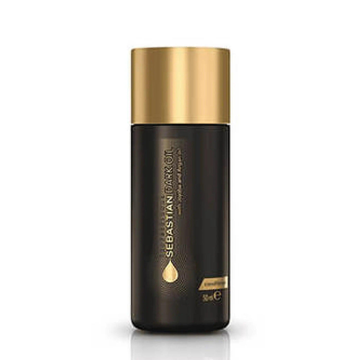 Sebastian Dark Oil Lightweight Shampoo bottle in black with gold lid, offering natural shine and body for hair.