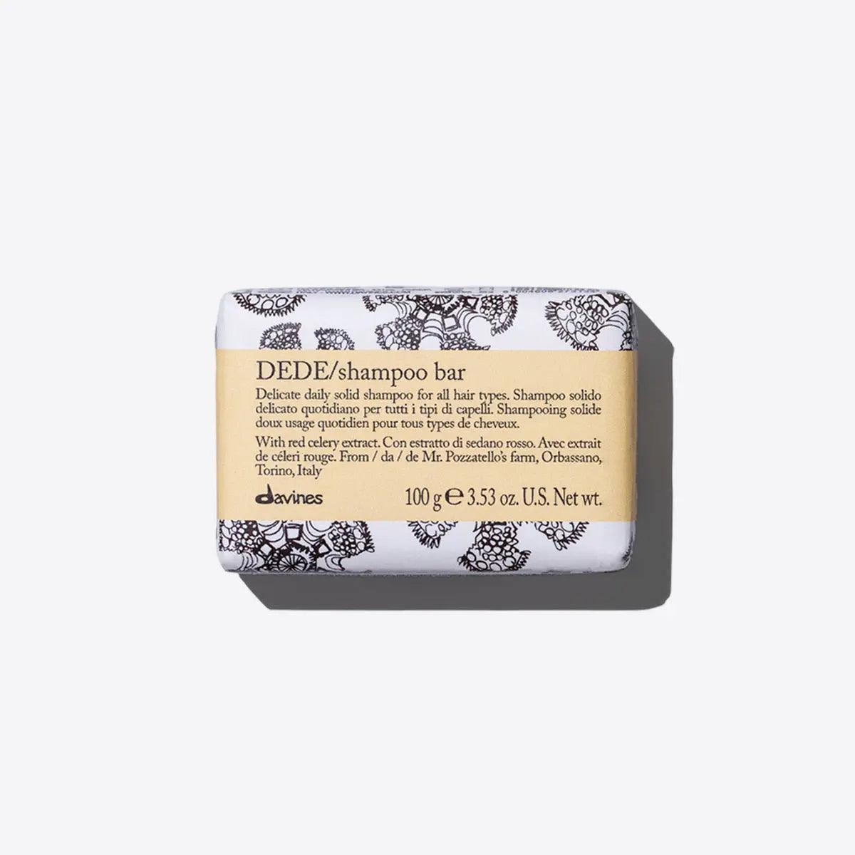 Davines DEDE shampoo bar for all hair types, 3.53 oz. Eco-friendly solid shampoo with red celery extract. Organic ingredients from Italy.