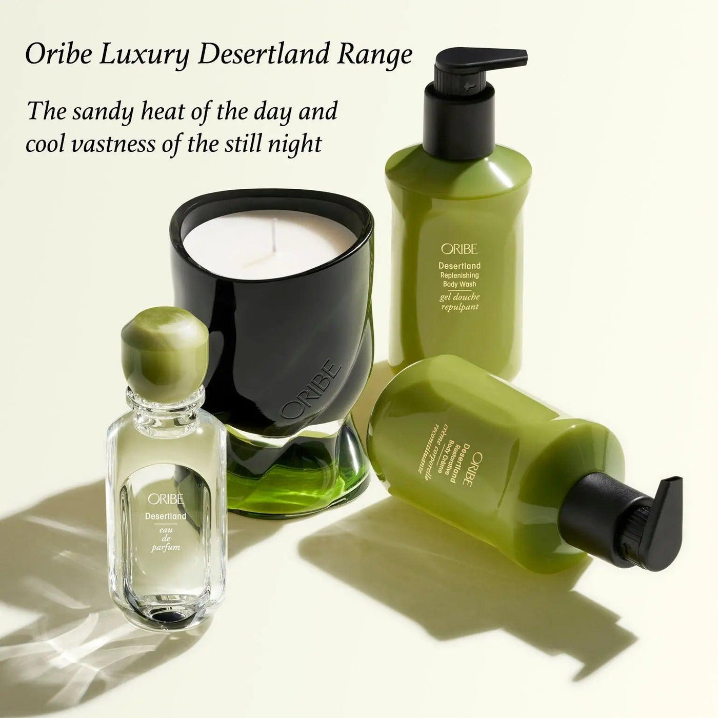 Oribe Luxury Desertland Range featuring scented candle and body products, evoking warmth and tranquility.