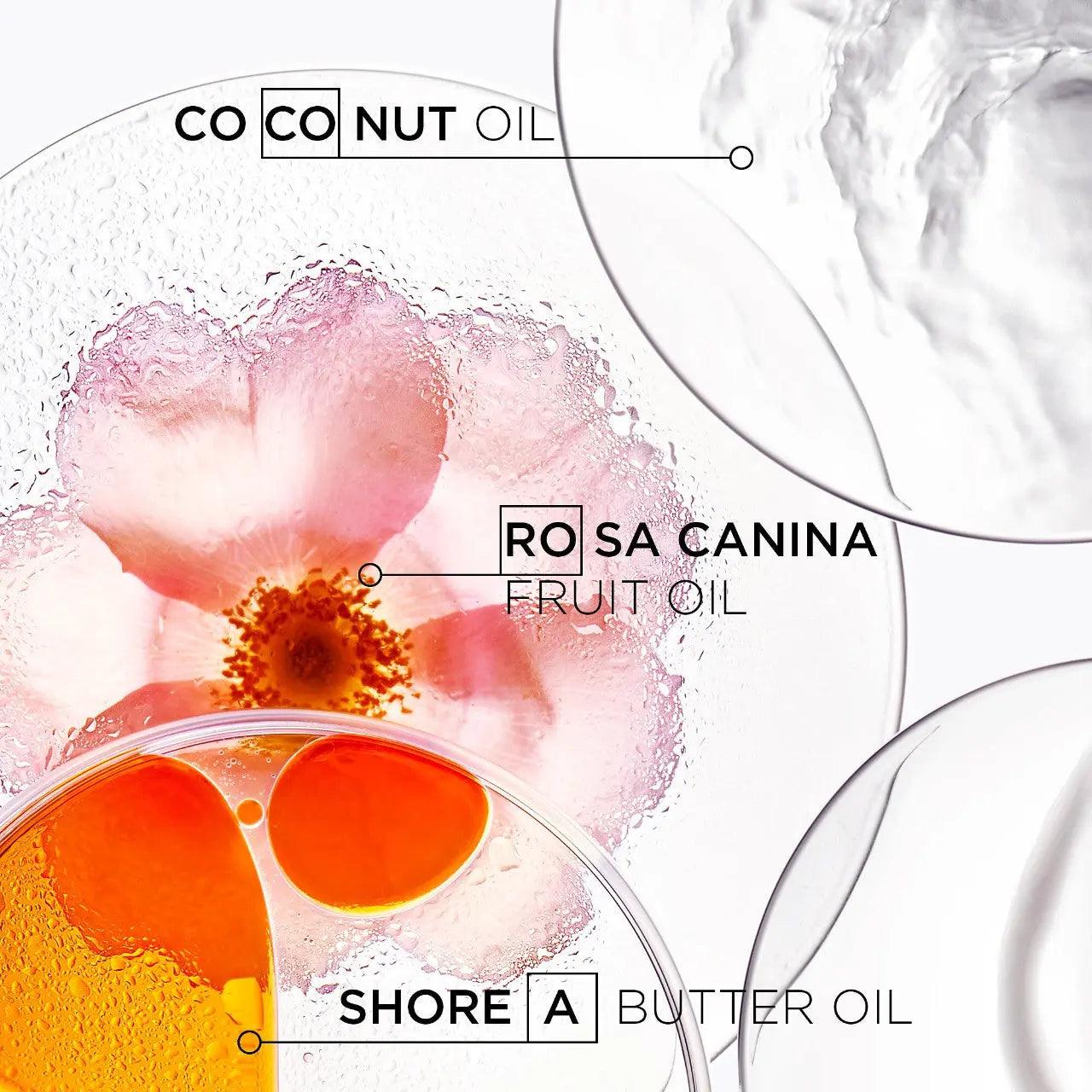 Close-up of coconut oil, rosa canina fruit oil, and shea butter oil with floral accents for hair nourishment.