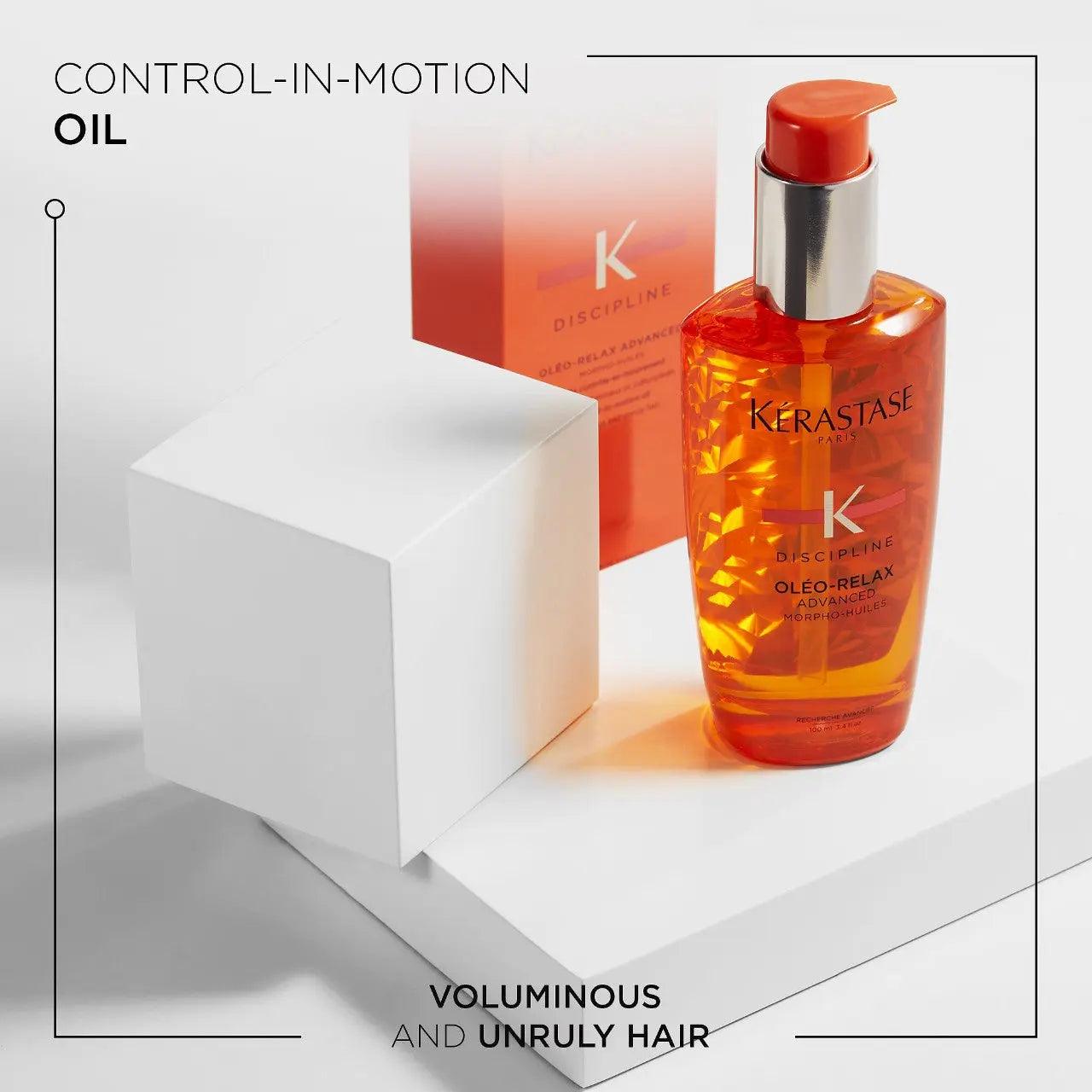 Kérastase Discipline Oléo-Relax Control-In-Motion Oil for taming frizz and flyaways, ideal for unruly hair.