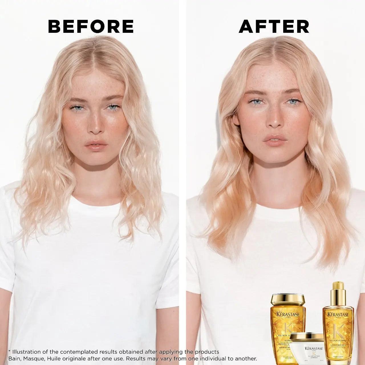 Before and after comparison of blonde woman using Kérastase hair products, highlighting improved hair texture and shine.