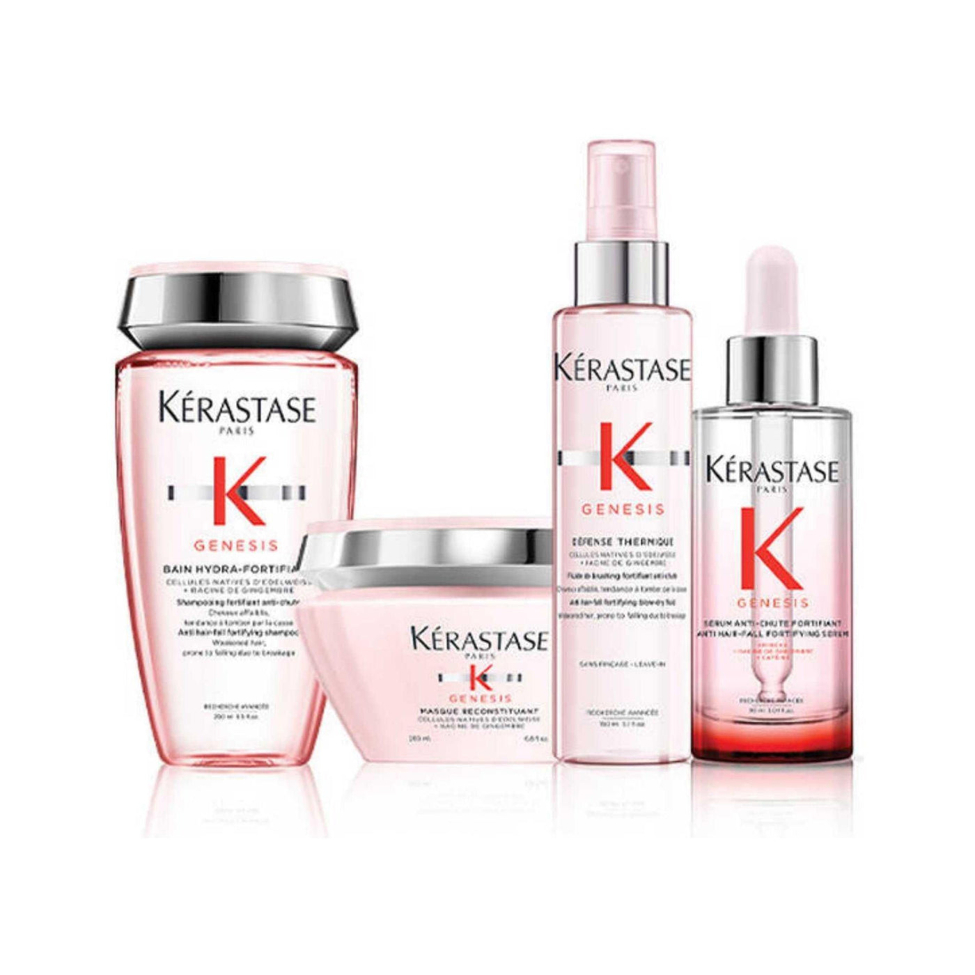 Kérastase Genesis haircare products including shampoo, mask, serum, and spray for hair strengthening and anti-hair fall treatment.