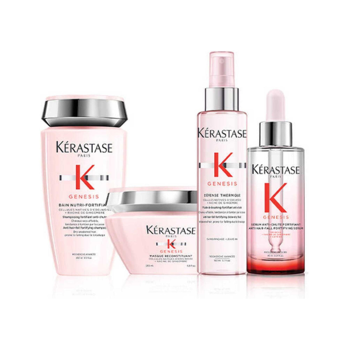 Kérastase Genesis hair care products lineup including shampoo, conditioner, heat protectant spray, and serum for hair strengthening and anti-hair fall.