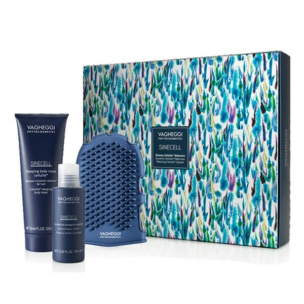 Vagheggi Sinecell kit featuring smoothing gel, night mask, and massage glove in a decorative box.