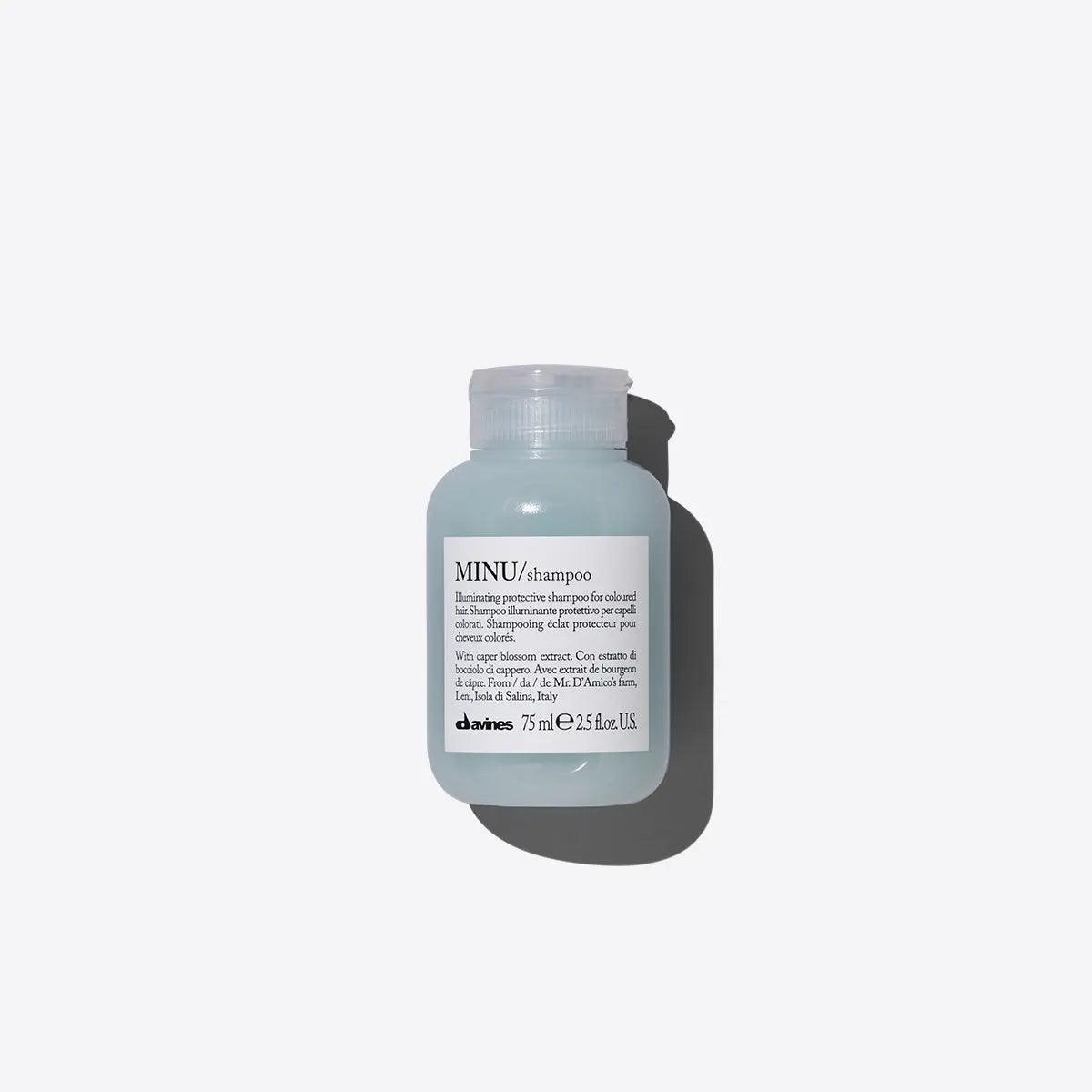 Davines MINU Shampoo for colored hair 75 ml bottle with protective formula for color-treated hair care.