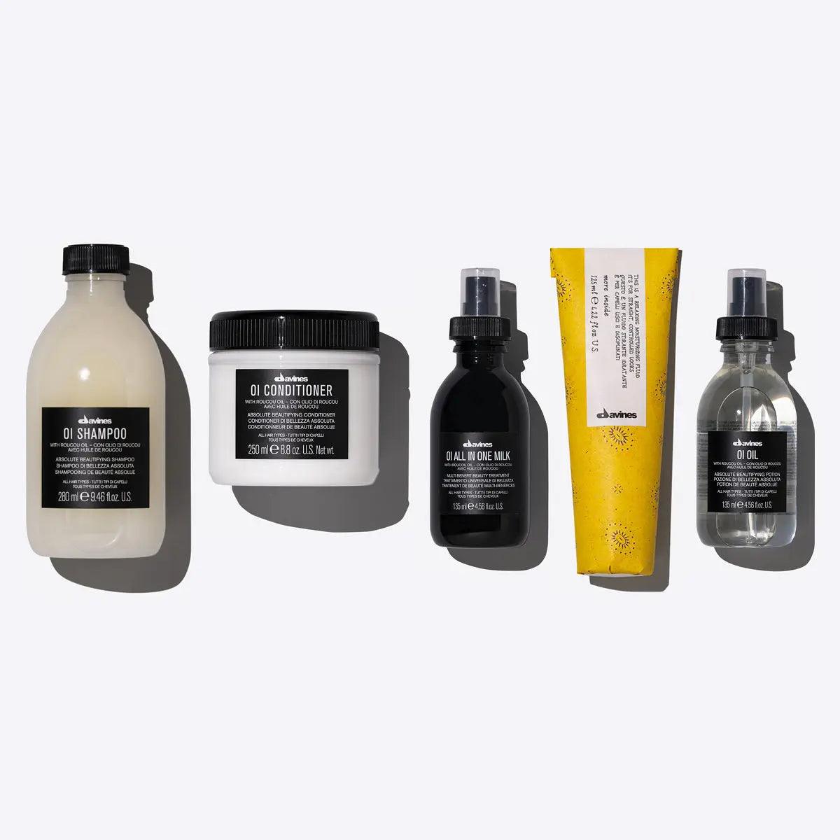 Davines Oil Control Set featuring OI Shampoo, OI Conditioner, OI All in One Milk, and OI Oil for shiny, soft hair.