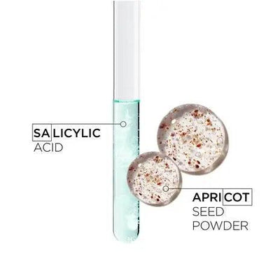 Salicylic acid in a test tube and apricot seed powder showcased for scalp purifying micro-peeling scrub formulation.